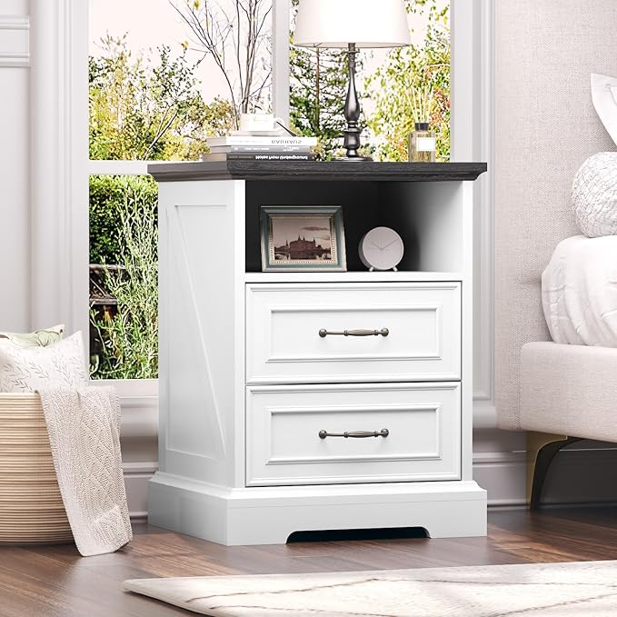 Nightstand with Charging Station Set of 2,18" Wide End Table with 2 Drawers & Metal Handles,Rustic Farmhouse Wood Small Dresser,Bedside Table,Modern Chest of Drawers for Bedroom,Living Room, Off White