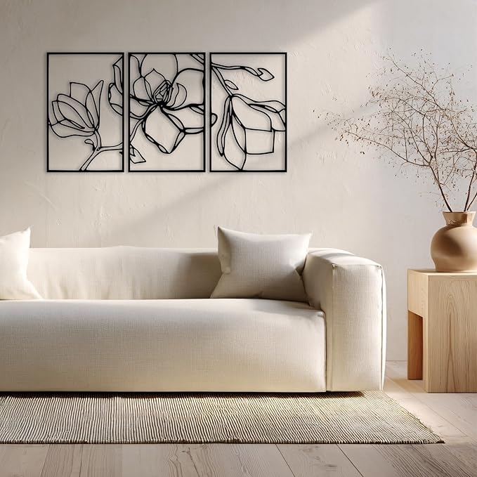 Wita Home Poppy Flower Metal Wall Art, 3-Panel Botanical Line Design, Modern Floral Wall Decor for Living Room, Bedroom, Office, Indoor & Outdoor Display (18×9 inches)
