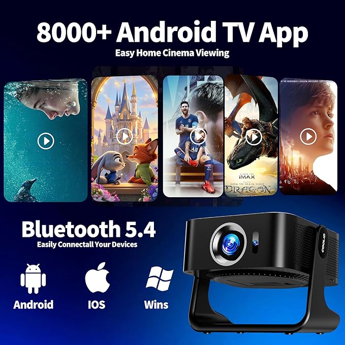 [Compatible with Netflix & Support 4K] 1080P HD Mini Projector Dual Band WiFi6 5G and BT 5.4 Auto Focus & Obstacle Avoidance Portable Outdoor Projector, 270° Adjustable Stand for Home Movie - Black