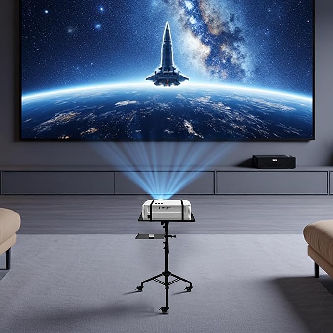 STEADUS Projector Stand Tripod – 24 to 59 Inch Adjustable Height – Dual Shelves Laptop Tripod Stand with Moveable Wheels and Phone Holder, Portable Laptop Stand for Office, Stage & Outdoor Use