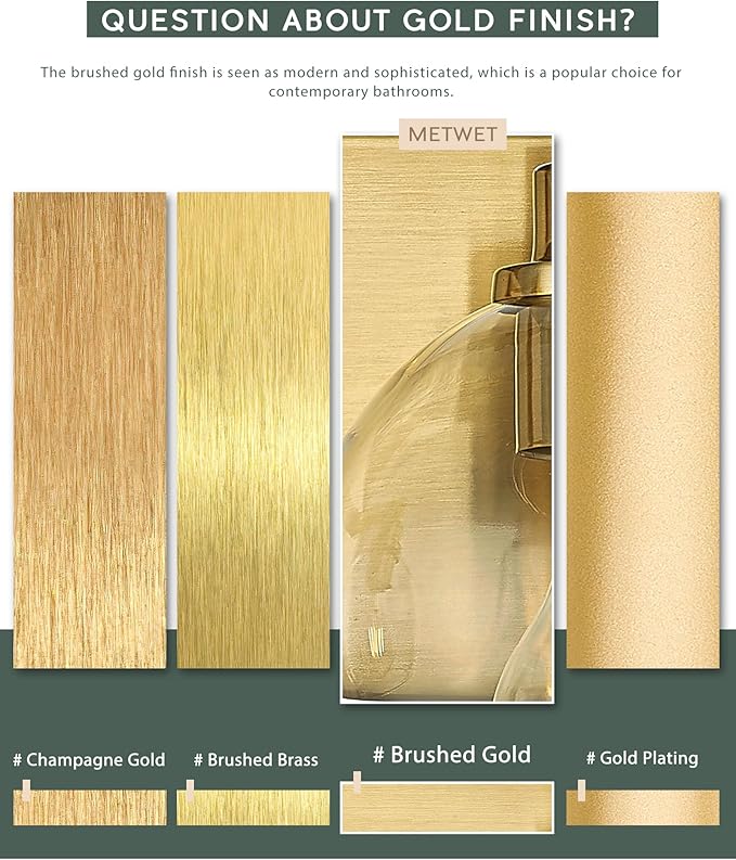 METWET Bathroom Light Fixtures, 2 Light Brushed Gold Vanity Light, Modern Wall Sconces with Clear Glass Globe Shade, Bathroom Wall Lights Over Mirror Kitchen Bedroom Hallway, VL195-GD-2