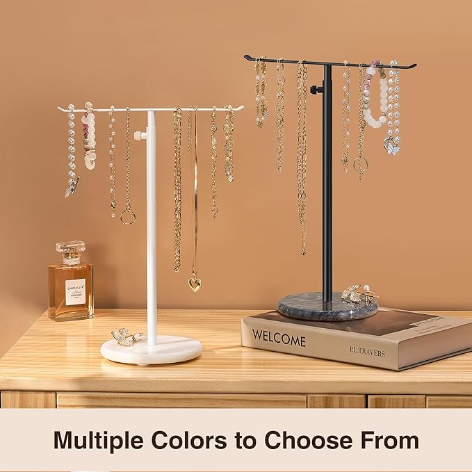 Josmimic White Necklace Holder Jewelry Organizer Stand – Adjustable Height T‑Bar Jewelry Display with White Marble Base, Necklace & Bracelet Holder, Countertop Jewelry Tree