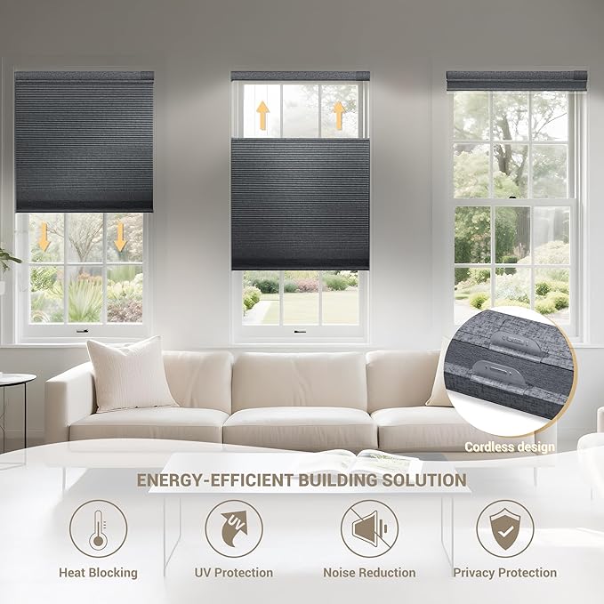 Boolegon No Drill No Tools Cellular Shades Top Down Bottom Up Honeycomb Blinds Blackout Cordless Cellular Shades Easy to Install Blinds for Windows,Custom Size,Blackout Blue Gray