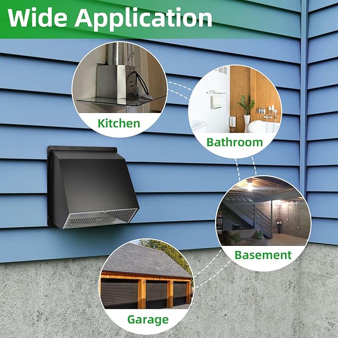 6 Inch Wall Vent Exhaust Vent Dryer Vent Cover Outside, 6" Hooded Wall Vent with Screen and Damper for Kitchen Range Hood Exterior Wall Vent Cover Cap Hood Vent Dryer Air Vent,Galvanized Steel,Black