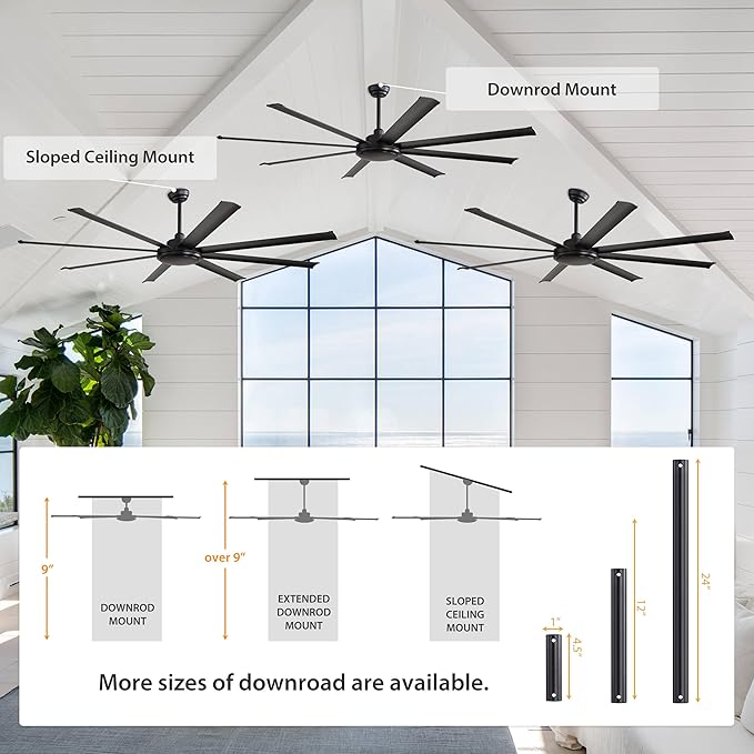 WINGBO 80 Inch Industrial Ceiling Fan without Light, 8 Aluminum Blades Ceiling Fan No Light, 6-Speed Reversible Noiseless DC Motor for Kitchen Bedroom Living Room, Matte Black