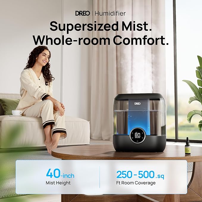 DREO 6L Top Fill Humidifiers for Bedroom, 60H Runtime 28 dB Quiet Supersized Cool Mist Air Humidifiers for Large Room, Baby Nursery, Plant, Indoor, Night Light, Easy to Clean, Precise Humidity Control