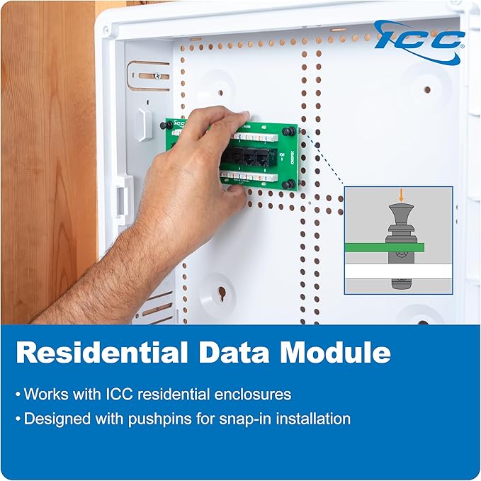 ICC CAT6 Ethernet Data Module, 8 Ports, UL Listed & PoE++ Rated, High-Performance Network Interface, Quick Push-Pin Mount, Fits 9", 14", and 28" Structured Wiring Enclosures