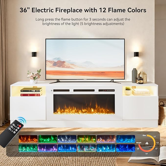 YISUFO 70" TV Stand with 36" Electric Fireplace, Large Modern Media Entertainment Center with Storage Cabinet and 12 Colors LED Lights for TVs Up to 80",All White