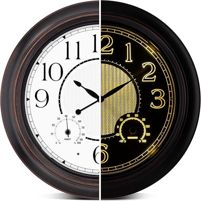 Koosome Outdoor Clocks Waterproof 18 Inch, Large Wall Clock with Thermometer & Hygrometer, Illuminated Battery Operated Clock with Smart Sensor for Patio, Pool, Garden, Porch, Living Room