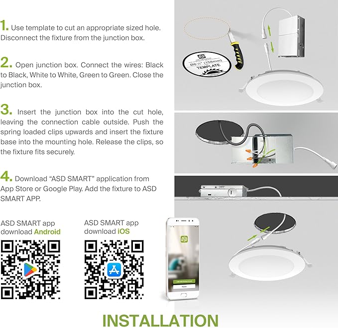 ASD 6 Pack LED Smart Recessed Lighting 6 Inch 15W, RGBW Color Changing Lights, Compatible with Alexa & Google Assistant, Dimmable 2700K-6500K Selectable RGB Lights, WiFi Bluetooth Ceiling Light, ETL