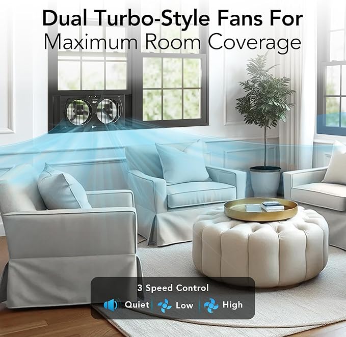 Comfort Zone Window Fan for Bedroom, 9 inch 3 Speed Dual Fans with Auto-Locking Expanders, Window Exhaust Fan, Removeable Bug Screen, Black