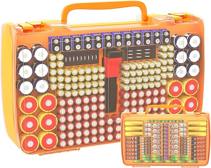 Aptbyte Battery Organizer Storage Holder Box Case with Tester- 269 Batteries Double-Sided Variety Pack, Holds AA AAA 4A C D Cell 9V 3V Lithium LR44 CR2 CR123 CR1632 18650 Button- Yellow (Box Only)