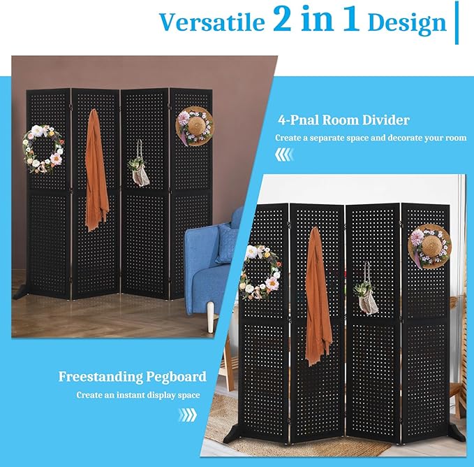 Bonnlo 4 Panel Pegboard Freestanding, 5 FT Portable Display Board Organizer for Craft Show Jewelry, Wooden Folding Privacy Screen Room Divider (with Base, Black)