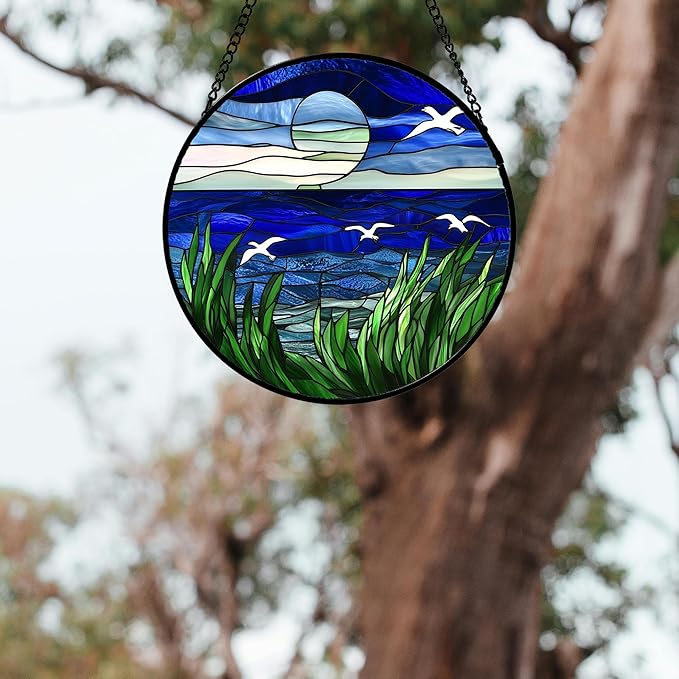 AMDERVEN Stained Glass Window Hanging 4 Pcs Set Navy Blue Ocean Landscape 6.3" - Suncatcher Door Garden Sun Catcher Decor Birthday Mother's Day for Mom Woman Nana Girl Boy Friend