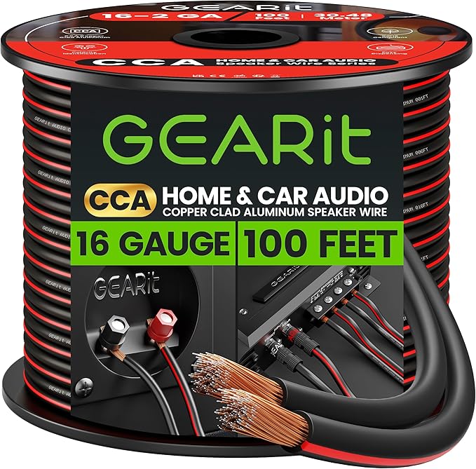 Speaker Wire 16 Gauge, GearIT Pro Series 16/2 AWG Speaker Cable (100 Feet / 30.48 Meters) Great Use for Home Theater Speakers and Car Speakers Black