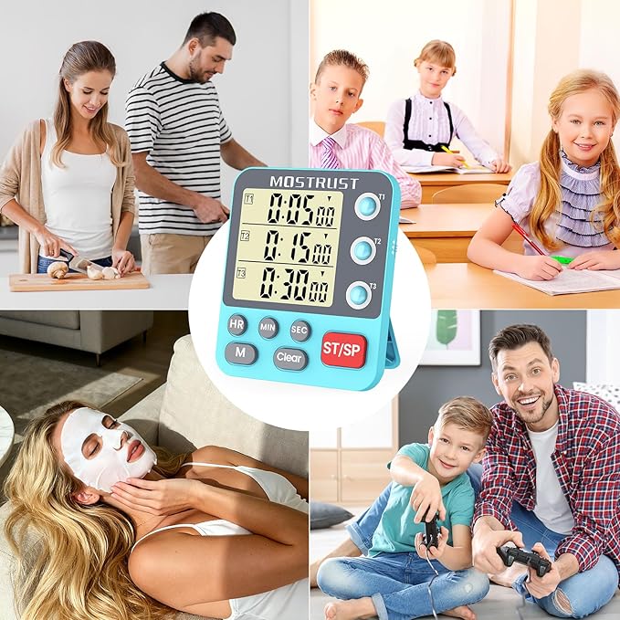 MOSTRUST Digital Dual Kitchen Timer, 3 Channels Countdown Triple Timer for Cooking, Magnetic Memory-Preset Large-Display Adjustable Alarm Volume, Multi Times Management, 3A Battery Included, Blue