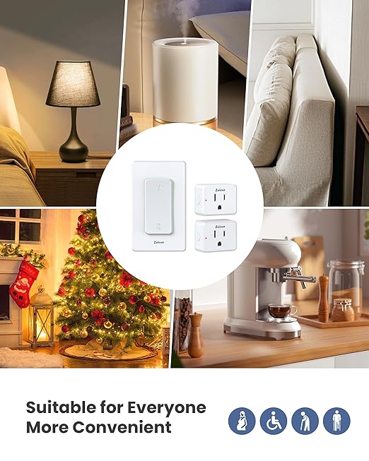 Zoiinet 2-Gang Remote Control Outlet Plug Switches, Upgrade Dual Switch Design, Removable Double Wireless Light Switches, No Wiring No WiFi, 300 ft, 15A/1500W, Expandable, for Household Appliances