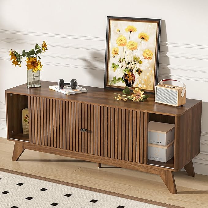 Oubayajia Mid Century Modern TV Stand for Televisions up to 60 Inches, with Sliding Doors and Storage, Curved Edge Television Stands, TV Consoles, Media Consoles for Living Room (Walnut, 51.2inch)