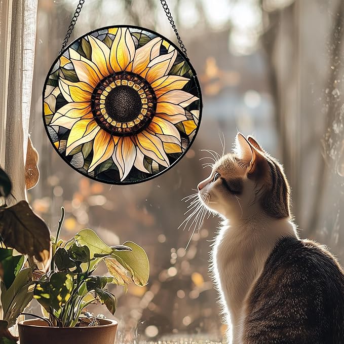 CRISGIF Stained Glass Window Hanging - Sunflower Suncatcher for Door Garden Patio Retro Flower Sun Catchers Decor Christmas Mother's Day Birthday Gifts for Women Mom Nana Friend Wife 9.8 in