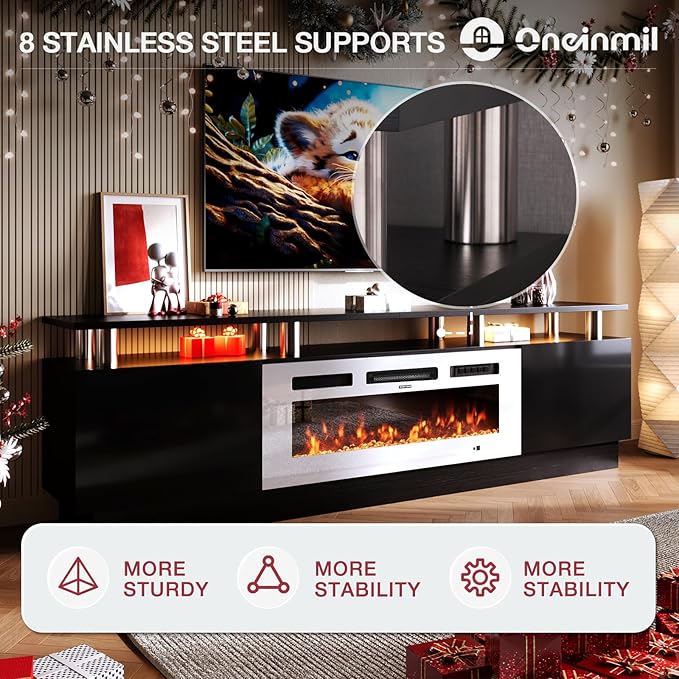 oneinmil Fireplace TV Stand with 36” Electric Fireplace, 80” 2 Tier TV Console Stand for TVs Up to 90", LED Light Entertainment Center, Fireplace for The Living Room TV Stand, Black