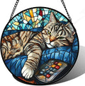 DASTOLL Stained Glass Window Hanging Gray Cat and Remote Control 6.3" - Suncatcher Door Garden Kitchen Sun Catcher Home Decor Birthday for Lost Pets Mom Men Woman Friend Grandma