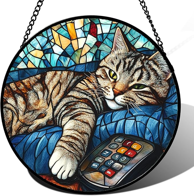 DASTOLL Stained Glass Window Hanging Gray Cat and Remote Control 9.8" - Suncatcher Door Garden Kitchen Sun Catcher Home Decor Birthday for Lost Pets Mom Men Woman Friend Grandma