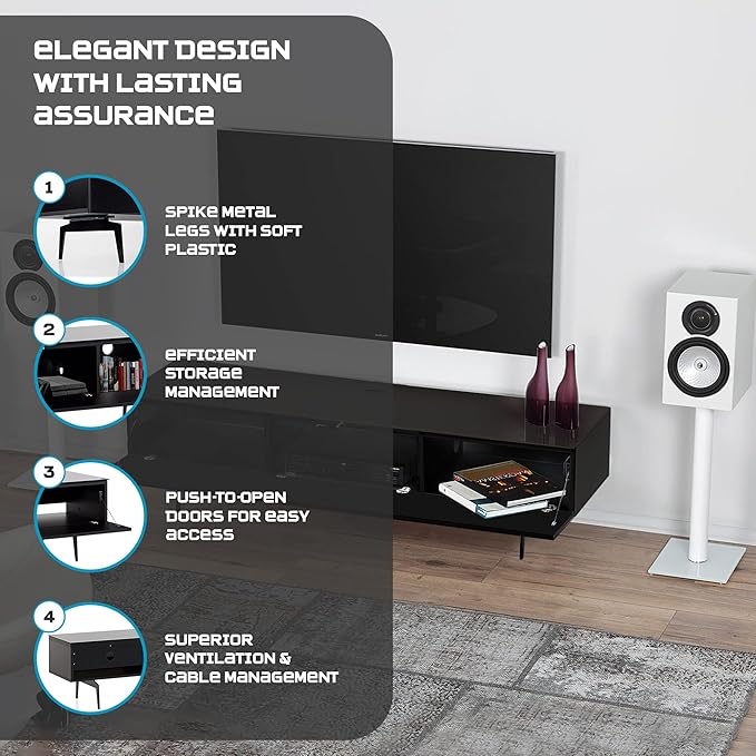 SONOROUS ST-360 Premium TV Stand for Living Room – Modern TV Stands & Entertainment Center with Storage – Black Glass & Black Wood Cover – Luxury Media Console with Metal Legs for TVs up to 75 inches