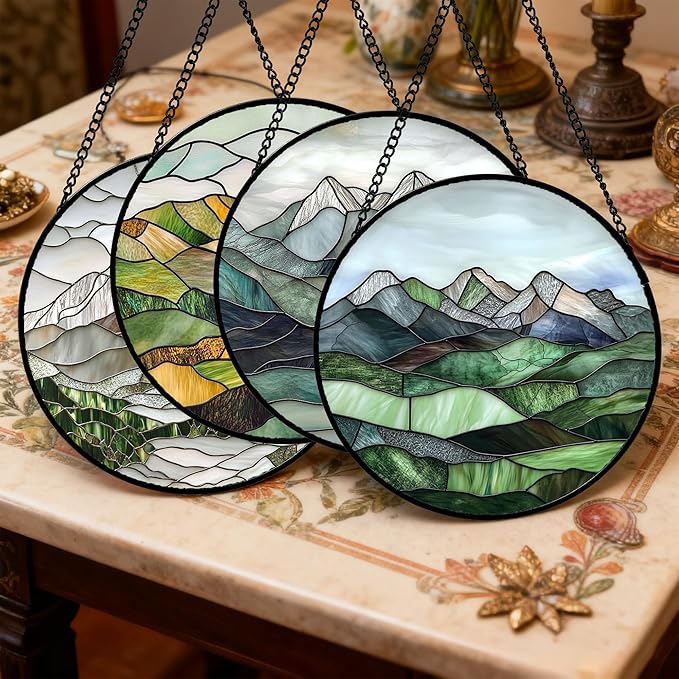 AMDERVEN Stained Glass Window Hanging 4 Pcs Set Mountain River Landscape Large 11.8" - Suncatcher Door Garden Sun Catcher Decor Birthday Mother's Day for Mom Woman Nana Girl Boy Friend