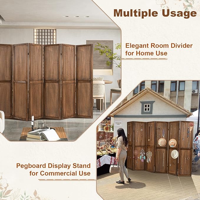 Giantex 6 Panel Pegboard Display & Room Divider, 5.6FT Folding Pegboard Stand for Crafting Show Jewelry Retail, Freestanding Privacy Screen, Wooden Partition Wall Divider for Room Separation, Brown