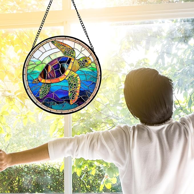 DASTOLL Stained Glass Window Hanging, Colored Turtle Ocean Suncatcher Diamond Glass Panel Hangings Marine Life Sun Catchers Decor for Birthday for Women, Men, Wife, Aunt, Mom 11.8 in