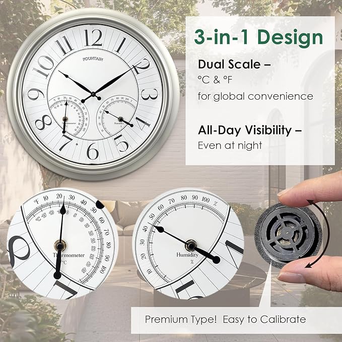 FOUNTAIN DESIGNS 18" Illuminated in/Outdoor Clock with Smart Sensor and Night Light, Waterproof, Large Wall Clock with Thermometer & Hygrometer, for Garden,Pool and Patio Decor (Morning Silver)