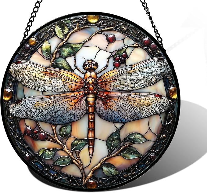 DASTOLL Stained Glass Window Hanging - Dragonfly Plant Suncatcher Ready to Hang Window Doors Home Decoration, Christmas, Mother's Day Birthday Gifts for Women, Men, and Mom 7.8x7.8 in