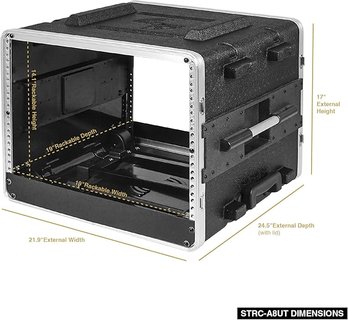 Sound Town Lightweight 8U PA DJ Rack/Road Case with 7U Rack Space, ABS Construction, 19” Depth, Retractable Handle, Wheels and Heavy-Duty Latches (STRC-A8UT)