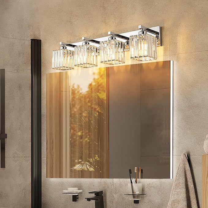 FDPBY Modern 4-Light Chrome Crystal Bathroom Vanity Light Fixtures
