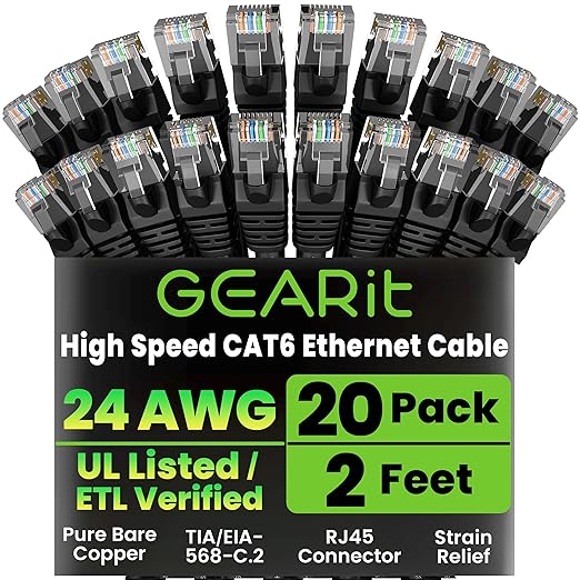 GEARit Cat 6 Ethernet Cable Pack - 20-Pack 2 ft Cat6 Ethernet Patch Cables | RJ45 Network Patch Cable, 10 Gbps Snagless Gold-Plated Connectors - Ethernet Cable Cat 6 for PC, TV, Router - Black