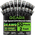 GEARit Cat 6 Ethernet Cable Pack - 20-Pack 2 ft Cat6 Ethernet Patch Cables | RJ45 Network Patch Cable, 10 Gbps Snagless Gold-Plated Connectors - Ethernet Cable Cat 6 for PC, TV, Router - Black