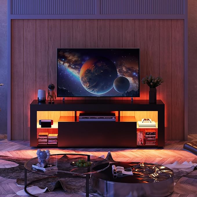 WLIVE TV Stand with LED Lights & 2 Large Storage Drawers, Modern Entertainment Center for 32/43/50/55/60 Inchs TVs, Sturdy TV Console for Living Room, Bedroom(Black)