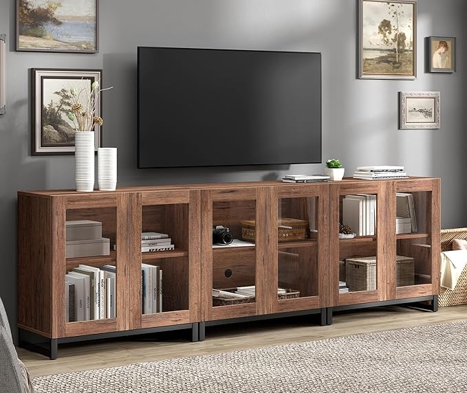 WAMPAT Modern TV Stand with Glass Doors for 110 inch TVs, Farmhouse Entertainment Center TV Console with Adjustable Shelves for Living Room, Bedroom, Brown