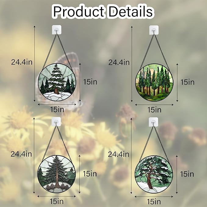 AMDERVEN Stained Glass Window Hanging 4 Pcs Set Forest Green Trees Winter Snow Large 15" - Suncatcher Door Garden Sun Catcher Home Decor Birthday Mother's Day for Woman Nana Mom Men