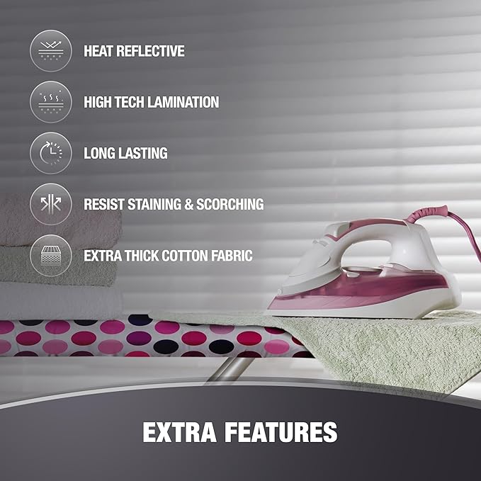 COTTY HOME Extra Thick Ironing Board Covers with Pad Standard Size 15x54, Snug Fit Adjustable Drawstring Tightening with Stopper, Heat Reflective Coating, Nose Pocket and Fastener Straps, Polka Dots