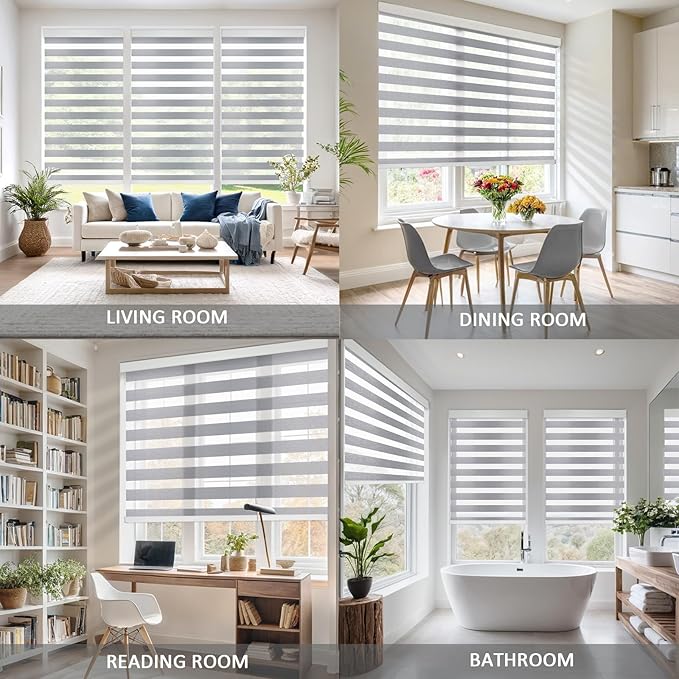 COOLWINDS Motorized Zebra Blinds for Windows Cordless Electric Curtains with Remote Control Blackout Shades Custom Smart Blinds Compatible with Alexa Google Home(Light Filtering Grey,W28 X 72in)