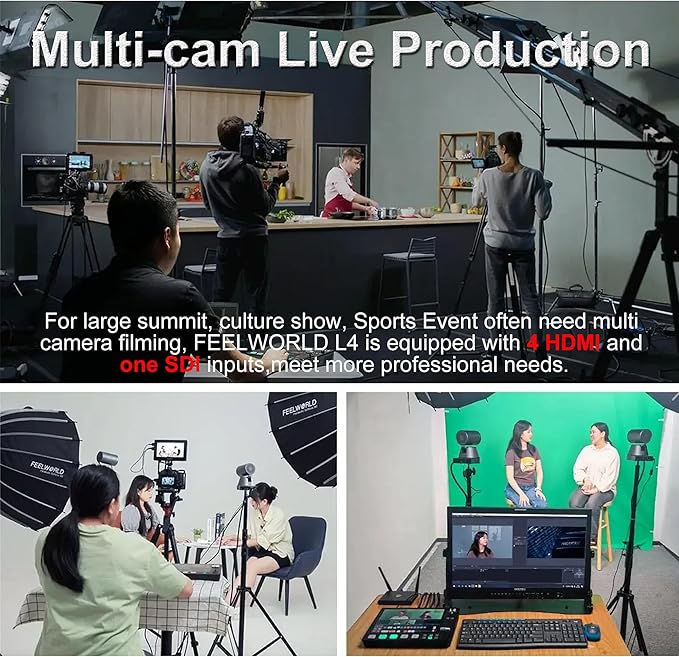 Feelworld L4 Switcher 10.1 Inch Touch Screen Multi-Camera Video Mixer Switcher,4xHDMI,SDI,Audio Input/Output,App/PTZ Control,USB3.0 Fast Streaming,Built-in Cooler,13 Transitions