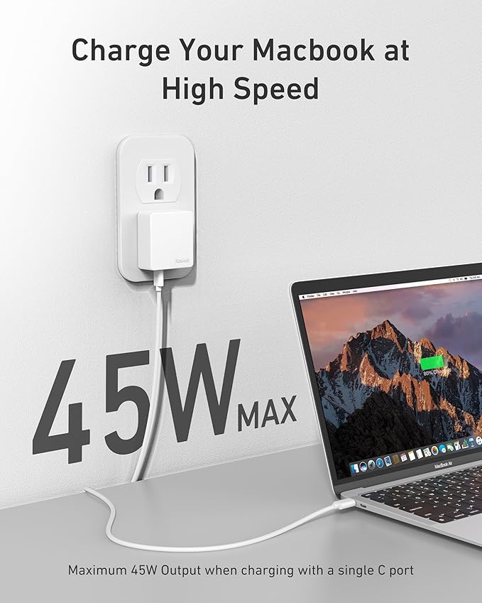 Nekmit Flat USB C Wall Charger, 45W Dual Port PPS Fast USB Charger Block, Slim USB C Wall Plug for iPhone 17/16 and More Series, MacBook Air, iPad