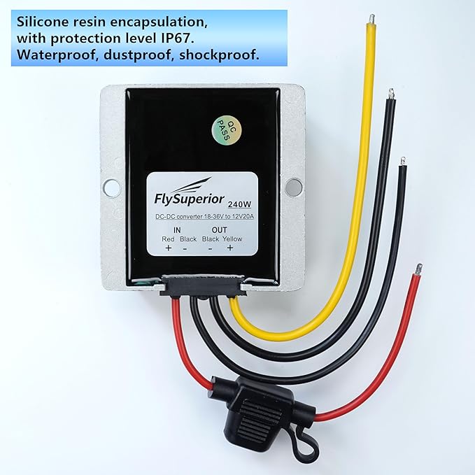 FlySuperior DC 24V 36V to 12V 20A 240W Step Down Converter erter Wide Voltage Waterproof Adapter Large Capacity, for Golf Cart, forklifts Car, Vessel, Solar Energy System(DC18-36V)