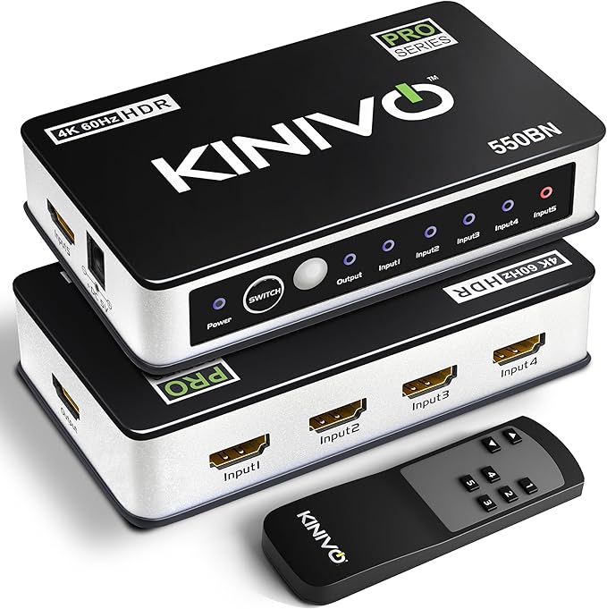 Kinivo HDMI Switch 5 in 1 Out 4K 60Hz (HDR 10, High Speed 18Gbps, IR Remote, HDCP2.2, Dolby Vision, VRR) - 550BN Switcher Compatible with Roku, PS5, Xbox, Apple TV, Nintendo Switch 2, Cable Box