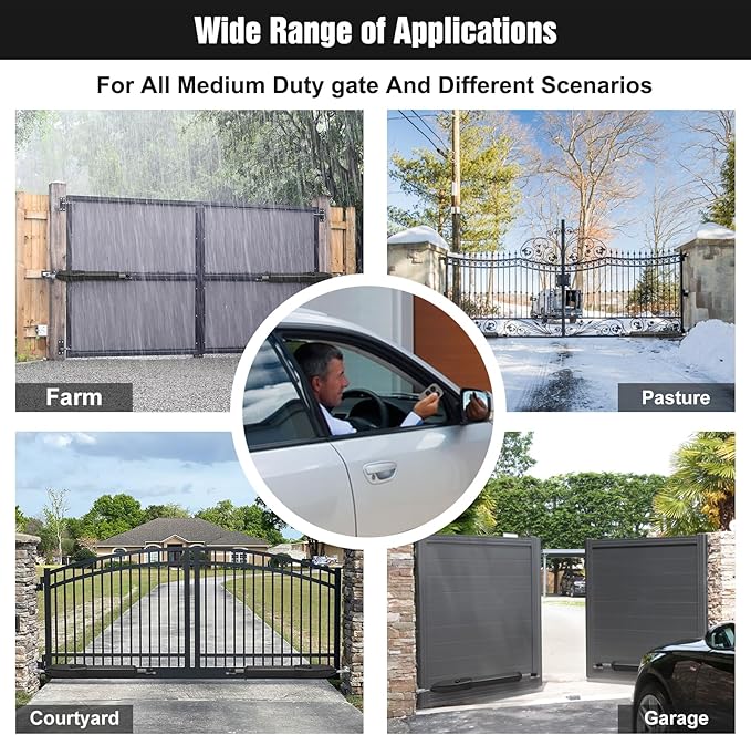 JUJIANG C01 Solar Gate Opener with Batteries & Solar Panel for Single Swing Gates Up to 440lb 12FT Automatic Gate Openers with Remote Complete Kit Light Duty Automatic Gate Openers Solar Powered