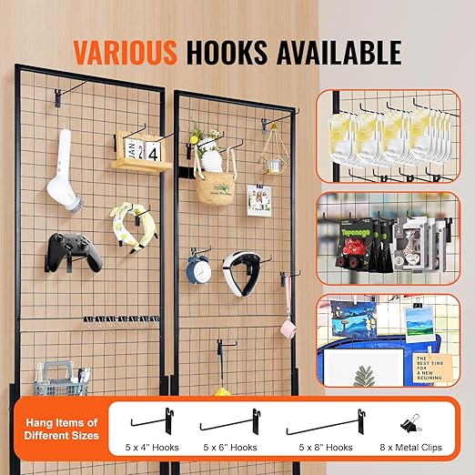 VEVOR 2 x 5.6 in Grid Wall Panels, 2 Packs Wire Gridwall Display Racks Tower with T-Base, Floorstanding Double Side Gridwall Panels, Retail Display with Extra Clips and Hooks for Art Craft Shows