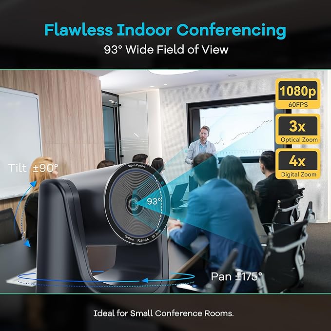 TONGVEO 3X Optical Zoom PTZ Camera AI Auto-Tracking HDMI USB 3.0 1080P 60fps Wide-Angle for Video Conference Business Meeting Live Streaming Online Learn with Zoom YouTube Teams OBS and More