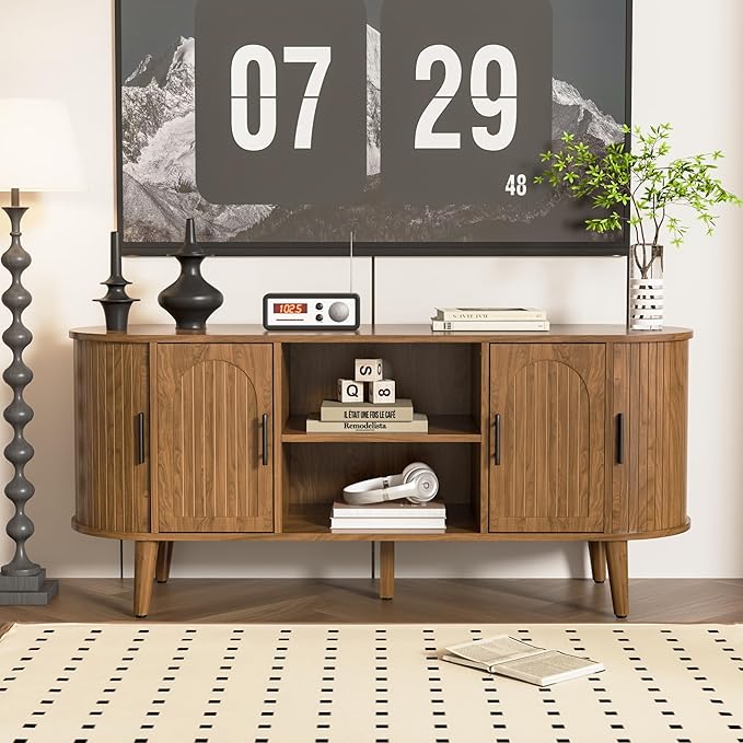 Mxtxmy 51" Fluted TV Stand, Mid-Century Modern Entertainment Center for Tvs up to 60" with Drawers and Fluted Doors, Curved TV Media Console Table with Sliding Doors for Living Room, Bedroom (51")