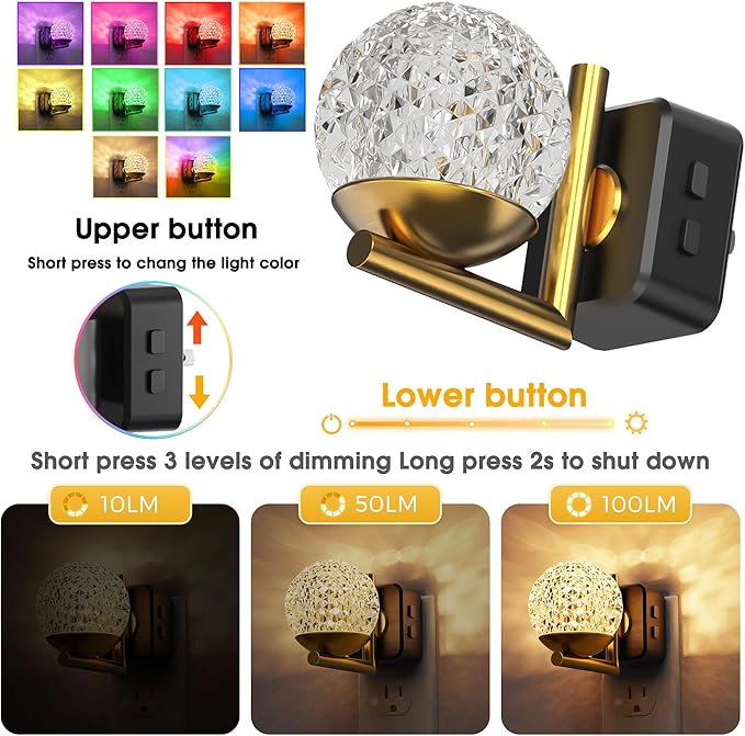 L LOHAS LED Night Lights Plug Into Wall 2 Pack,Dusk to Dawn Sensor,10-Color RGB Dimmable Night Light, 180°Rotating Plug in Night Light for Bathroom, Hallway, Bedroom, Stairway